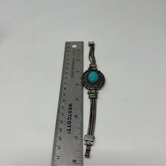 Faux Blue Turquoise Oval Cabochon Filigree Bracelet Layered Silver Tone Chain 7" - Picture 6 of 7